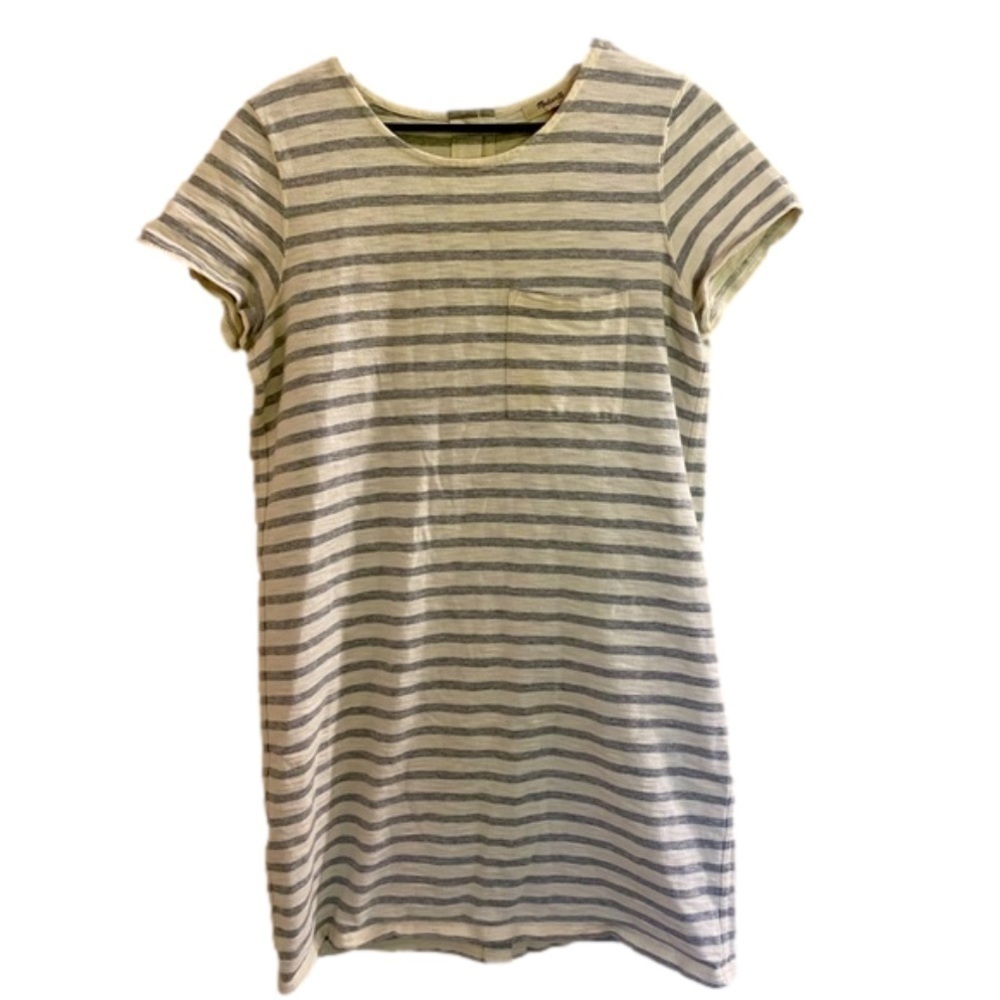 Madewell Women Button Back T-shirt Dress Size S Gray White Stripe Short Sleeve